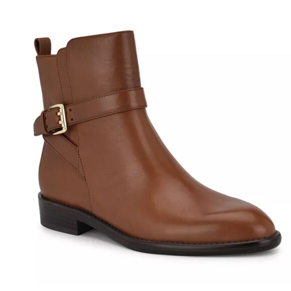 Nine West Hoken Boots 7 NWOT Brown Leather Ankle Booties Buckle Academia Capsuel - Picture 1 of 9